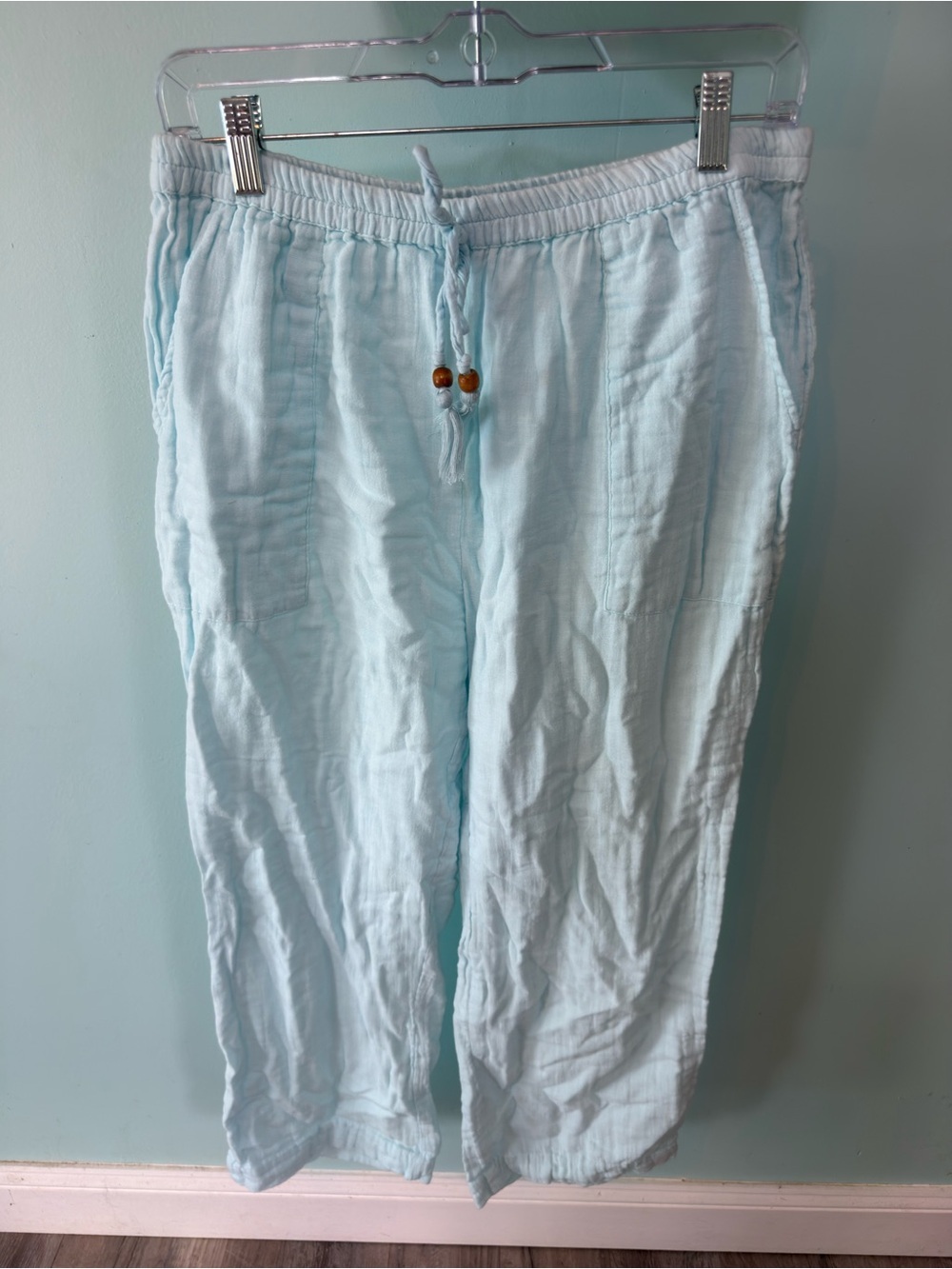 Light Aqua Drawstring Cotton Pants with Elastic Waist